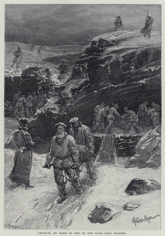 Convicts at Work in One of the Kara Gold Placers (lithograph) by Henry Sandham