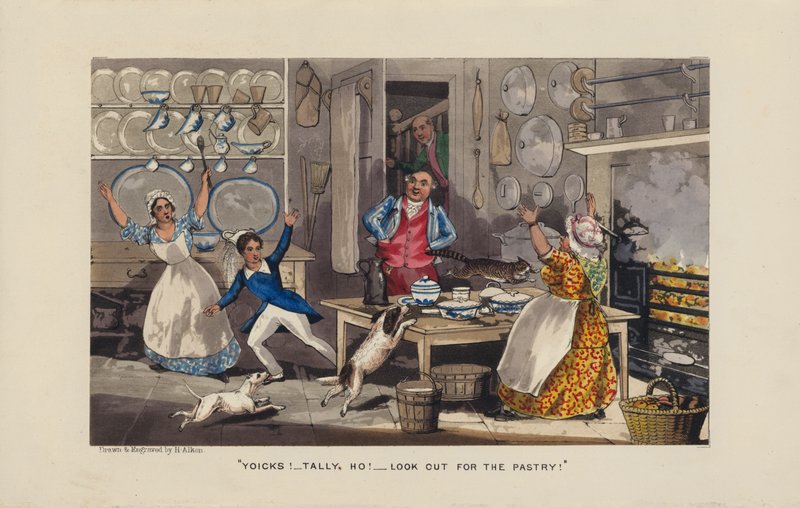 Chaos in the Kitchen (coloured engraving) by Henry Thomas (after) Alken