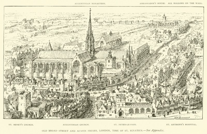Old Broad Street and Austin Friars, London, time of St Ignatius (engraving) by Henry William Brewer