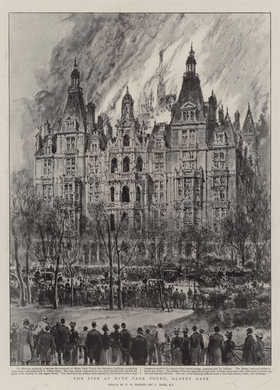 The Fire at Hyde Park Court, Albert Gate by Henry William Brewer