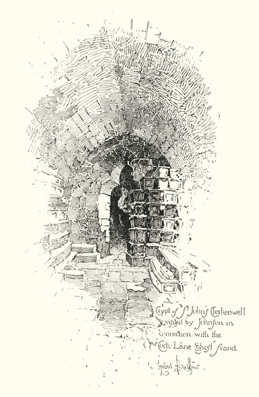 Crypt, St John’s Clerkenwell, visited by Dr Johnson in connection with the Cock Lane Ghost fraud by Herbert (after) Railton