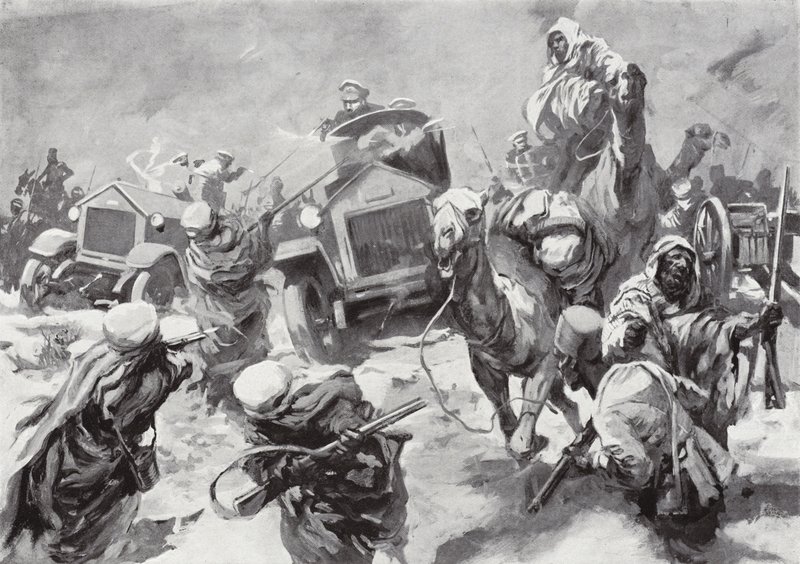 The Duke of Westminster and his armoured cars dash to the rescue of shipwrecked crews seized by the Senussi, Cyrenaica, North Africa by Howard K. Elcock