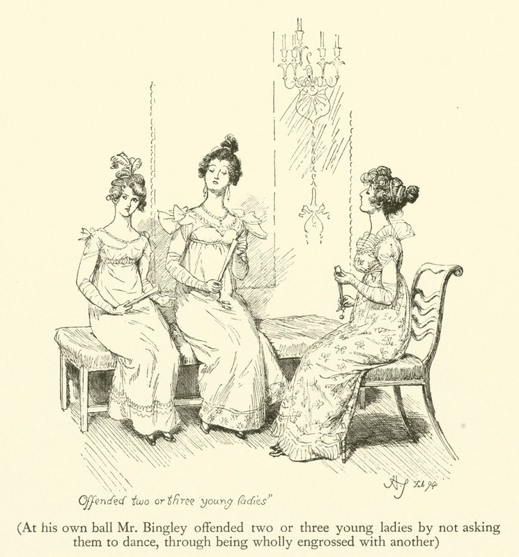 At His Own Ball Mr. Bingley Offended Two or Three Young Ladies by Not Asking Them to Dance, Through Being Wholly Engrossed with Another (engraving) by Hugh Thomson