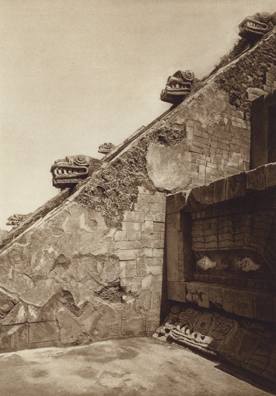 Mexico: San Juan Teotihuacan, Sculptures of the stairs in the pyramid of Quetzalcoatl at the center of the Citadel, Western facade by Hugo Brehme