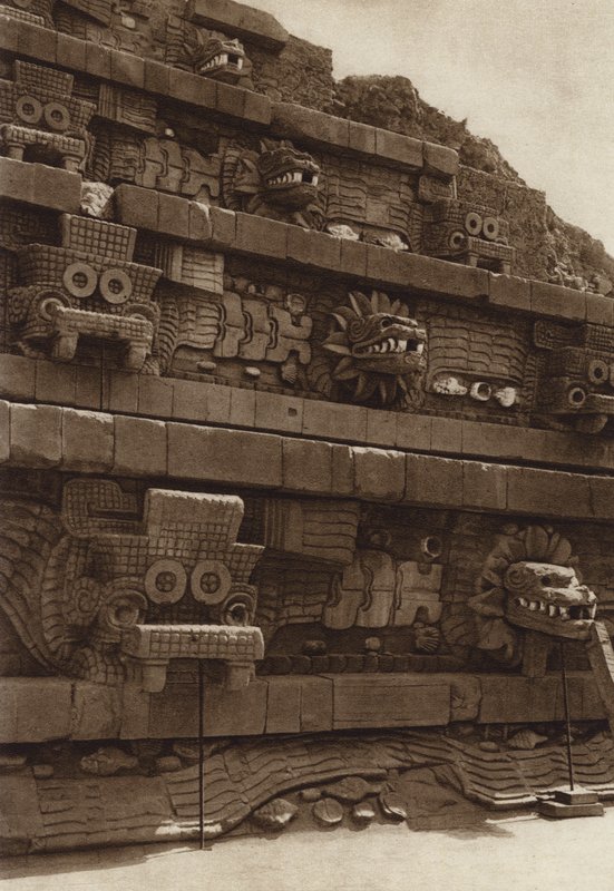 Mexico: San Juan Teotihuacan, Stone Sculptures on the Western Facade of the Pyramid of Quetzalcoatl, Pyramid at the Center of the Citadel by Hugo Brehme