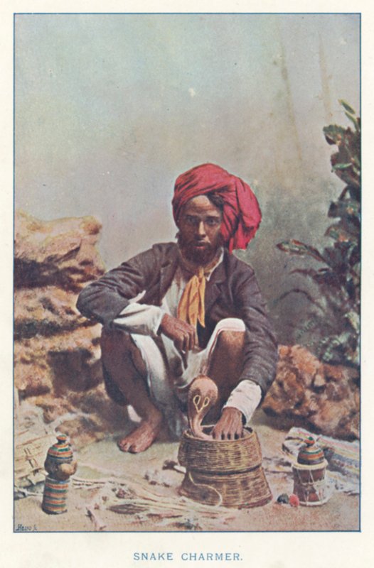 Indian Natives: Snake Charmer (colored photo) by Indian photographer