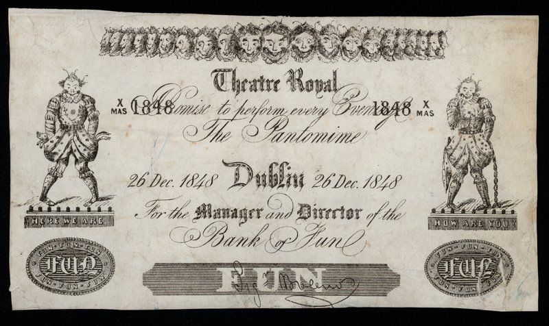 Advertisement for a pantomime at the Theatre Royal, Dublin, based on a Bank of Ireland banknote by Irish School