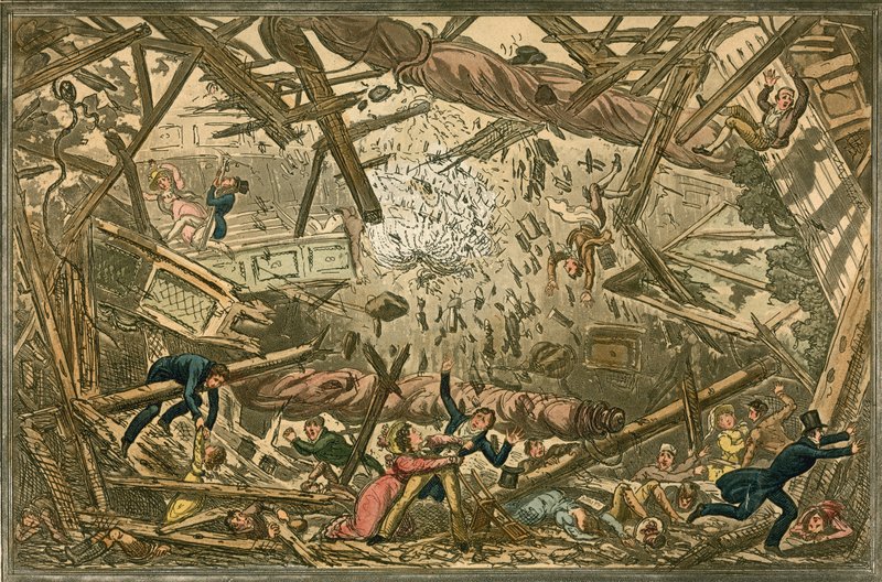 The falling of the New Brunswick Theatre, 28 February 1828 by Isaac, Robert and George Cruikshank