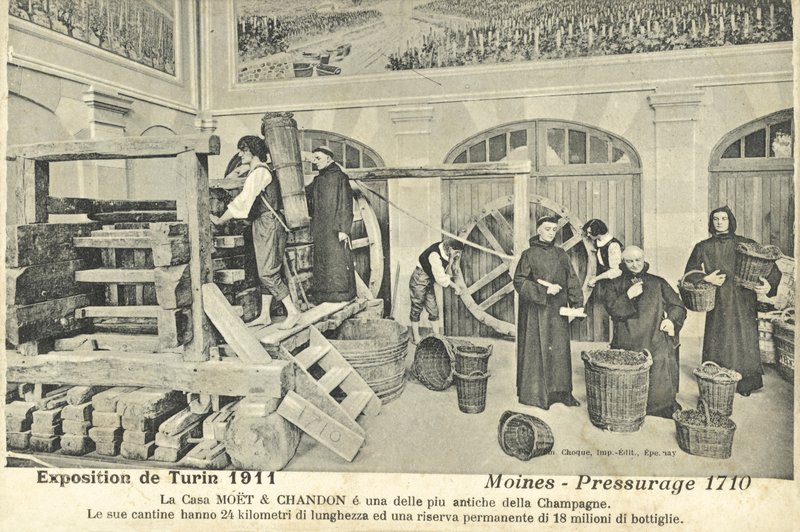 Monks Pressing Champagne Grapes in 1710, Exhibit at the Turin International Exhibition, Italy by Italian Photographer