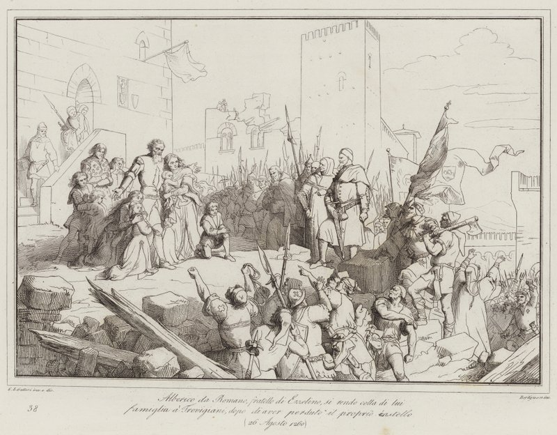 Alberico da Romano, Brother of Ezzelino, Surrenders with His Family to the Trevigiani (engraving) by Italian School
