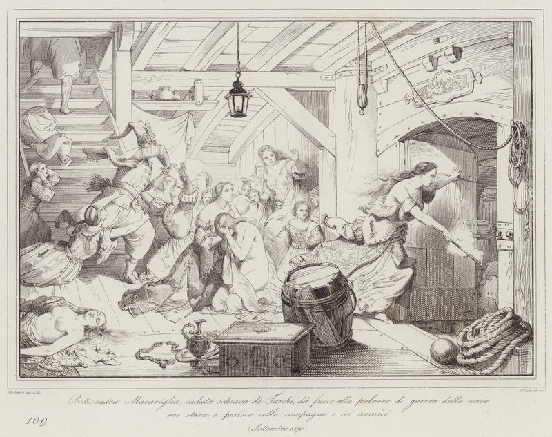 Bellisandra Maraviglia, Fallen Slave of the Turks, Sets Fire to the Gunpowder on the Ship (engraving) by Italian School