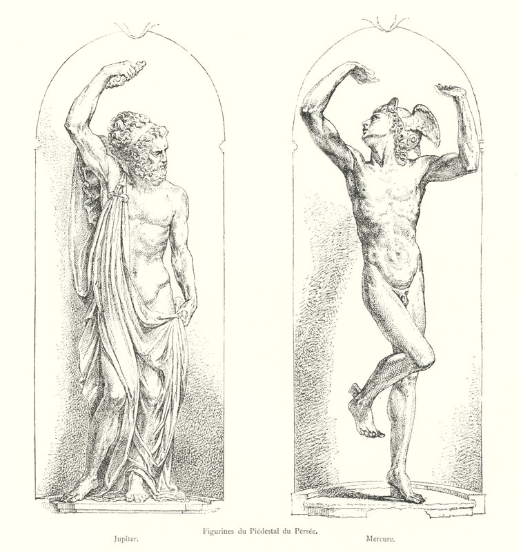 Figurines on the Pedestal of Perseus, Jupiter, Mercury (engraving) by Italian School