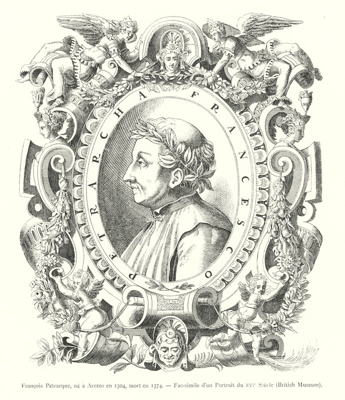Francesco Petrarch, born in Arezzo in 1304, died in 1374, Fac-simile of a 16th Century Portrait, British Museum (engraving) by Italian School