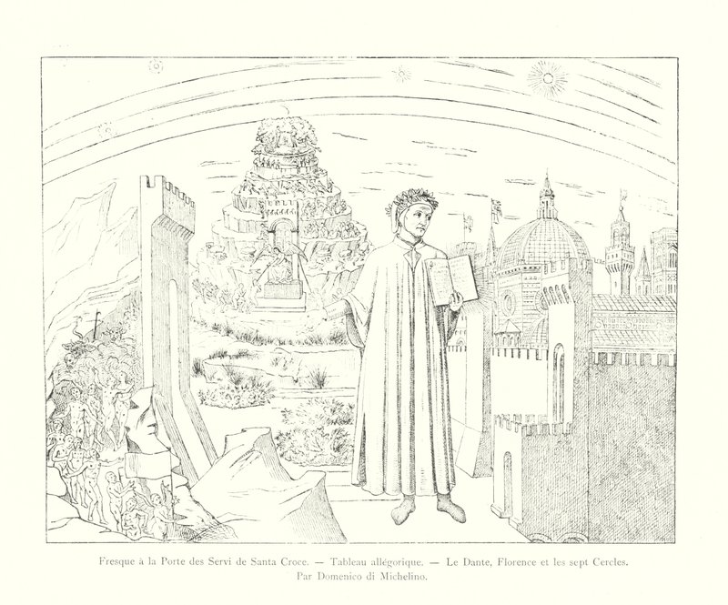 Fresco at the Porta dei Servi of Santa Croce, Allegorical Painting, Dante, Florence and the Seven Circles, By Domenico di Michelino (engraving) by Italian School