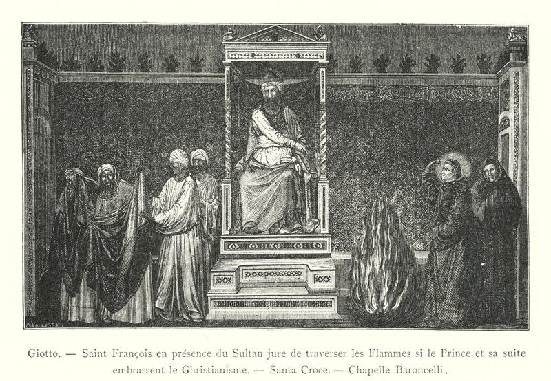 Giotto, Saint Francis in the Presence of the Sultan, Swearing to Walk Through Flames if the Prince and His Retinue Embrace Christianity, Santa Croce, Baroncelli Chapel (engraving) by Italian School