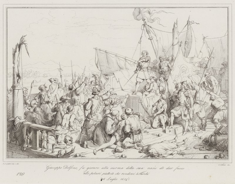 Giuseppe Dolfino makes the crew of his ship swear to set fire to the powder rather than by Italian School