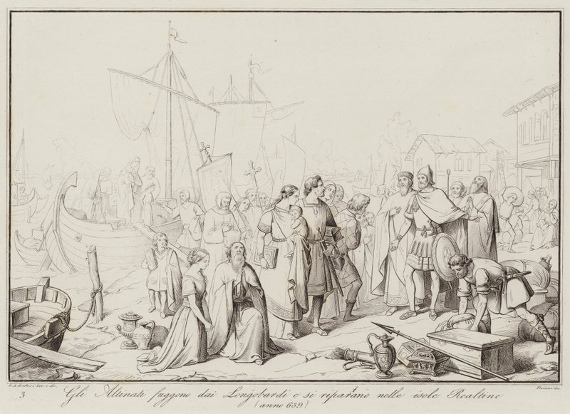 The Altinati flee from the Lombards and take refuge in the Realtine islands, 639 by Italian School