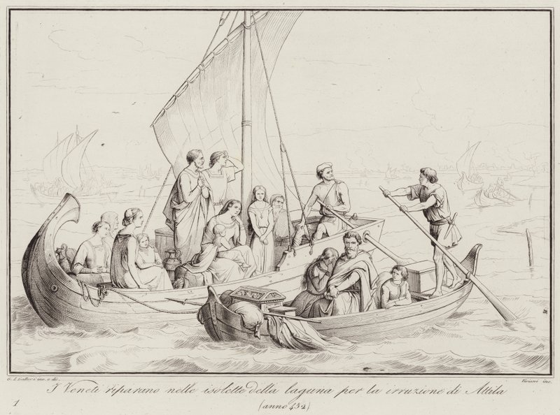 The Venetians take refuge in the islets of the lagoon due to the invasion of Attila, 452 by Italian School