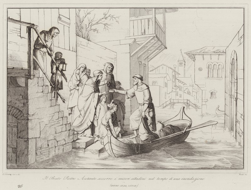 Blessed Pietro Acotanto helps the miserable citizens during a flood by Italian School