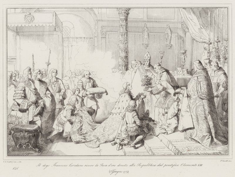 The Doge Francesco Loredano receives the Golden Rose given to the Republic by Pope Clement XIII by Italian School