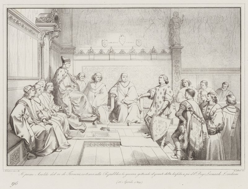 The first Herald of the King of France declares war to the Republic by throwing the gauntlet by Italian School