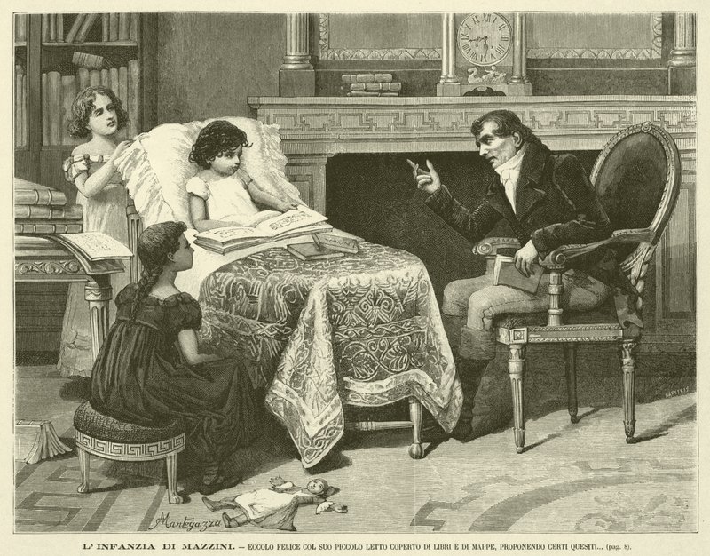 The Childhood of Mazzini, Here He is Happy with His Small Bed Covered with Books and Maps, Proposing Certain Questions (engraving) by Italian School