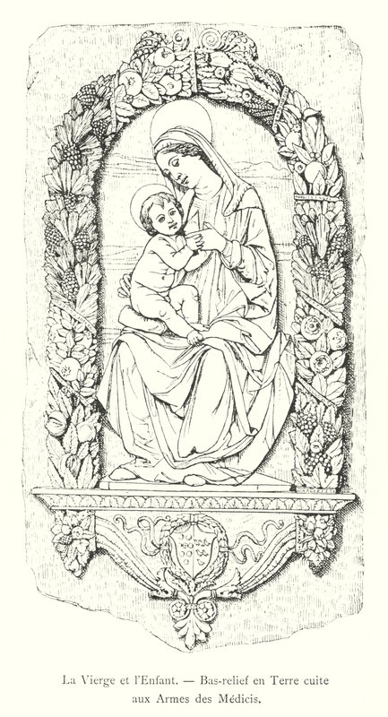 The Virgin and Child, Terracotta Bas-relief with Medici Arms (engraving) by Italian School