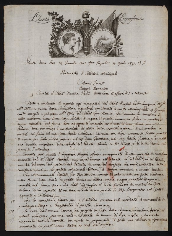 Letter in Italian, with a depiction of the head of Brutus the younger, a burning hand representing Gaius Mucius Scaevola, and the motto of the French Revolution by Italian School