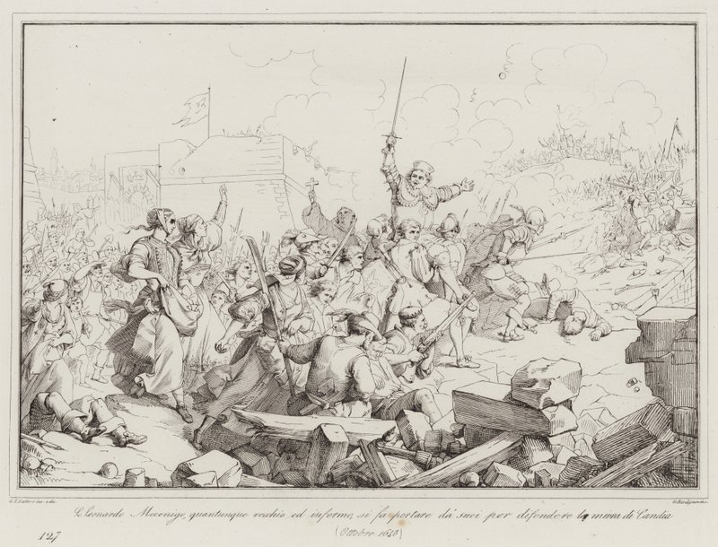 Luigi Leonardo Mocenigo, although old and infirm, has himself carried by his men to defend by Italian School
