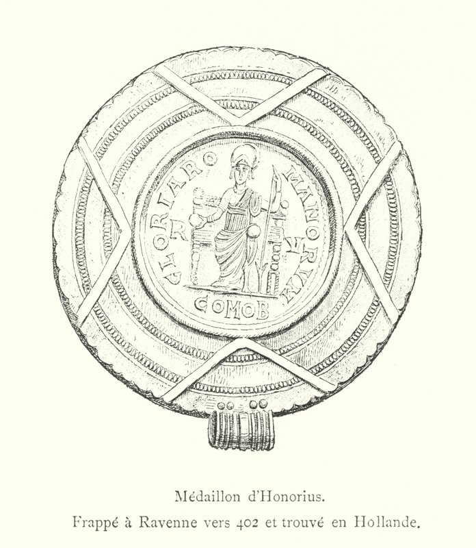 Medallion of Honorius, Struck in Ravenna around 402 and found in Holland (engraving) by Italian School