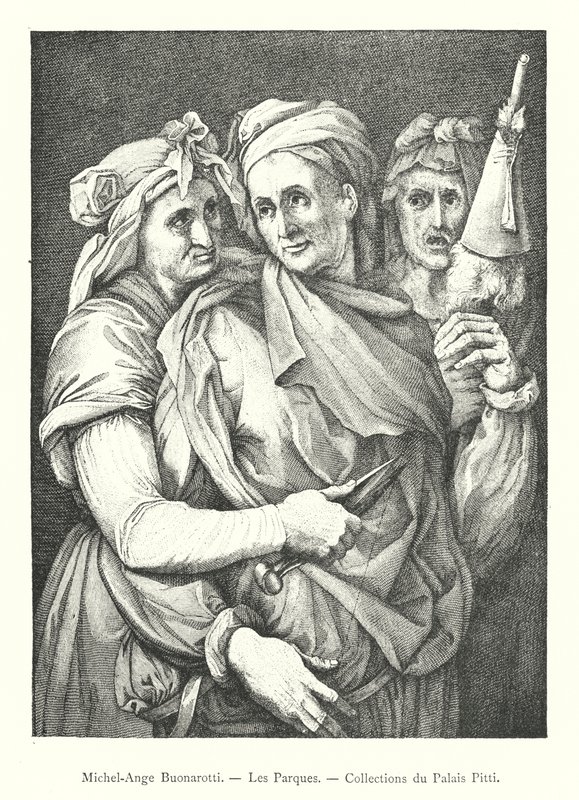 Michelangelo Buonarroti, The Fates, Collections of the Pitti Palace (engraving) by Italian School