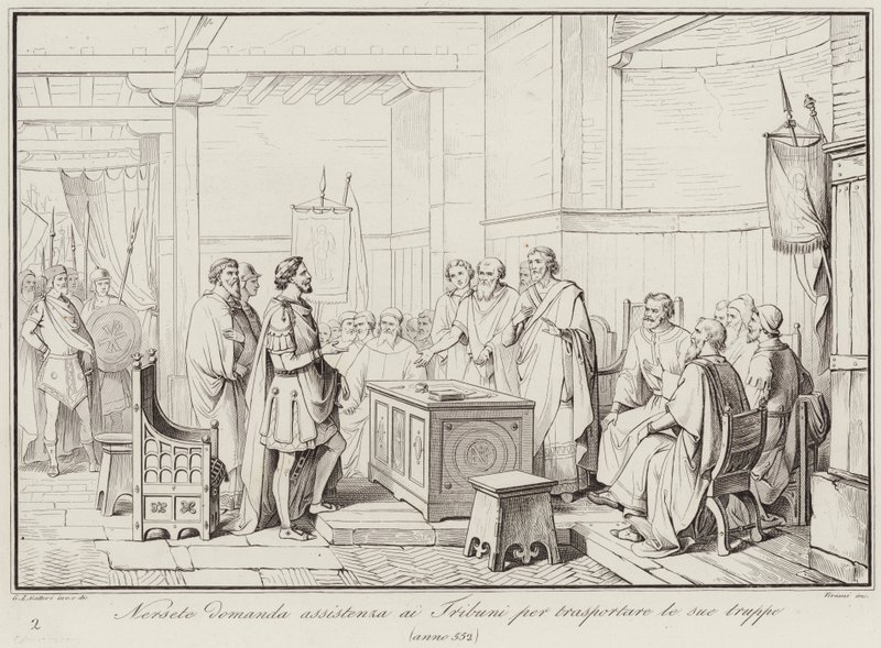 Nersete asks the Tribunes for assistance to transport his troops, 552 by Italian School