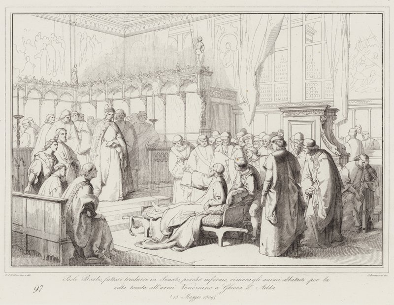 Paolo Barbo, having himself translated to the Senate because he was ill, encourages the disheartened spirits after the defeat by Italian School