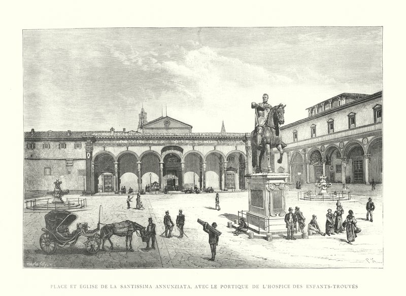 Square and Church of the Santissima Annunziata, with the Portico of the Foundling Hospital (engraving) by Italian School