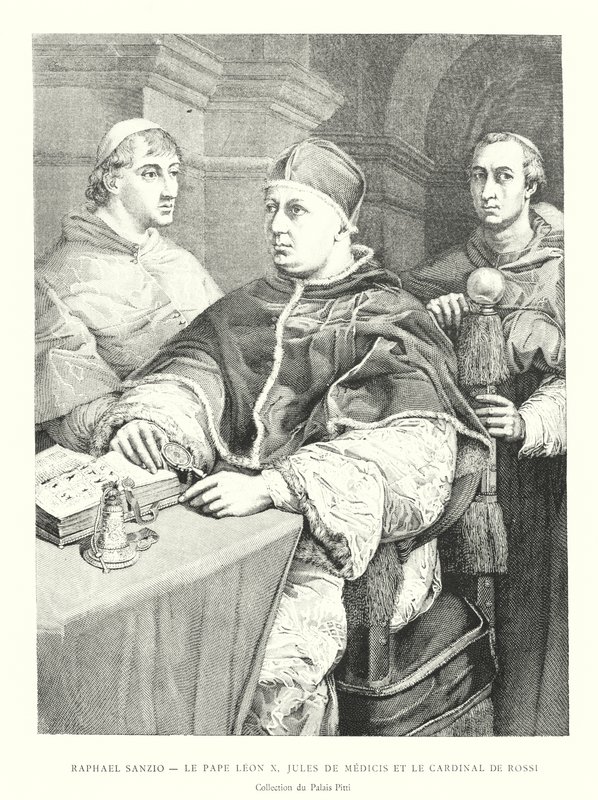 Raphael Sanzio, Pope Leo X, Jules de Medicis and Cardinal de Rossi, Collection of the Pitti Palace (engraving) by Italian School