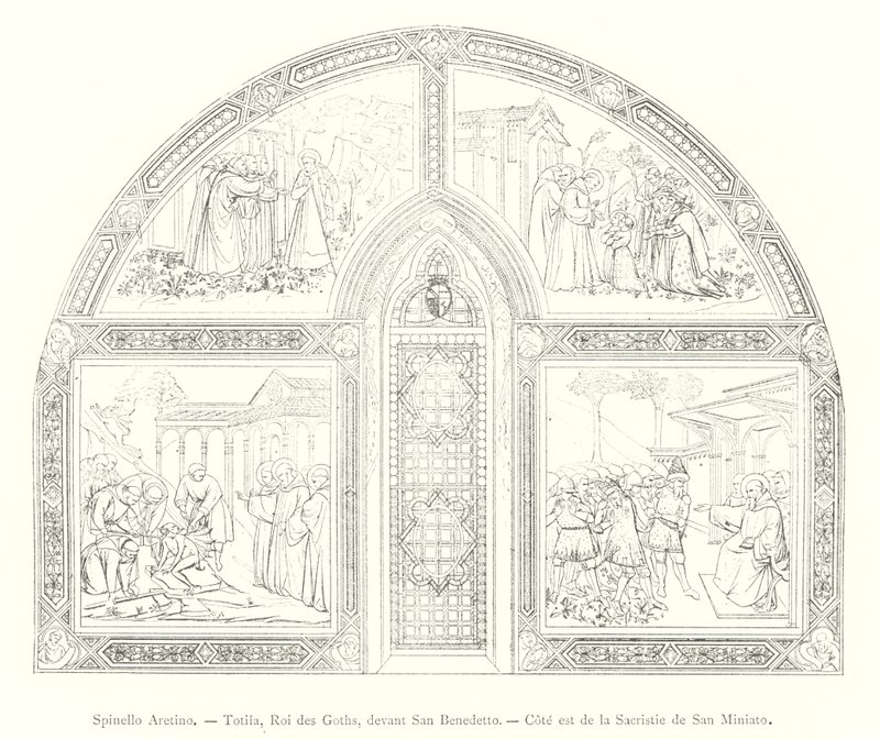 Spinello Aretino, Totila, King of the Goths, before Saint Benedict, East Side of the Sacristy of San Miniato (engraving) by Italian School