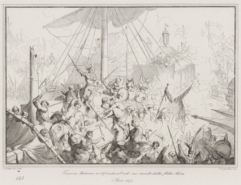 Tommaso Morosini Defends Himself with His Only Vessel Against the Turkish Fleet by Italian School
