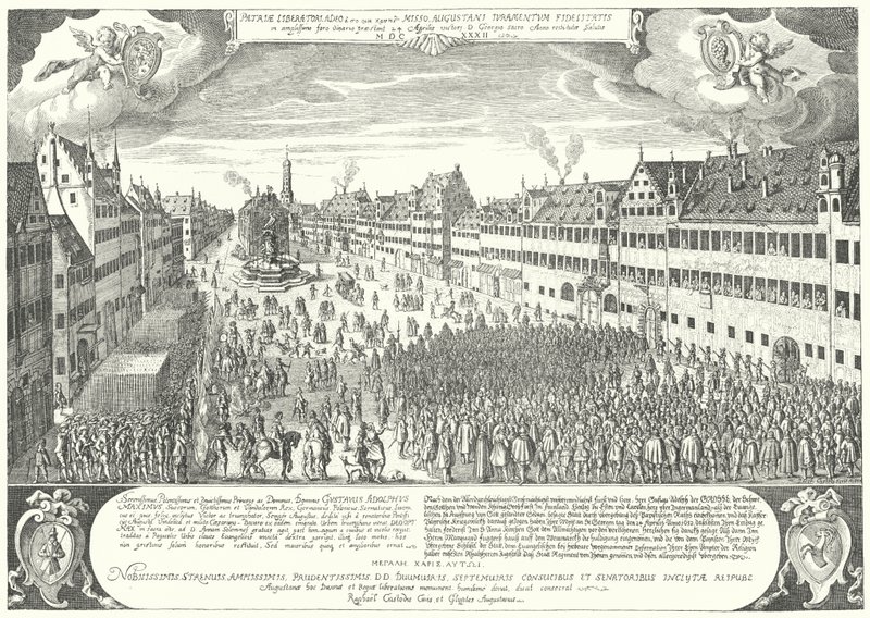 The city of Augsburg pays homage to Gustavus Adolphus of Sweden by Jacob Custodis