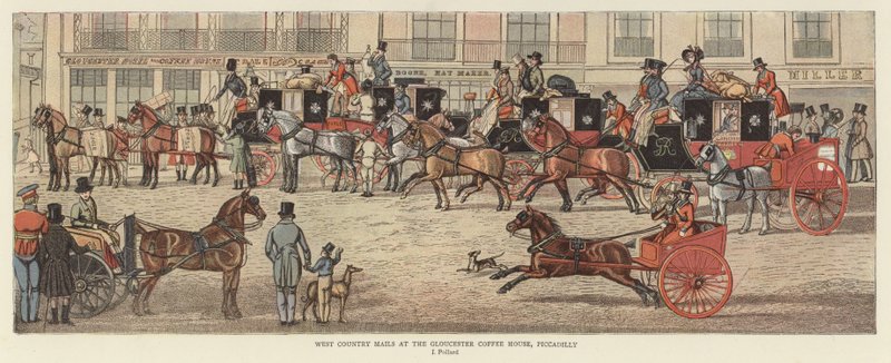 West Country Mails at the Gloucester Coffee House, Piccadilly by James (after) Pollard