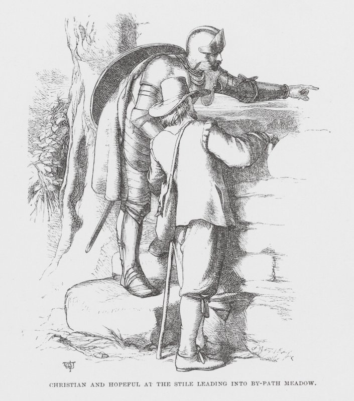 Christian and Hopeful at the Stile leading into By-Path Meadow by James Dawson Watson