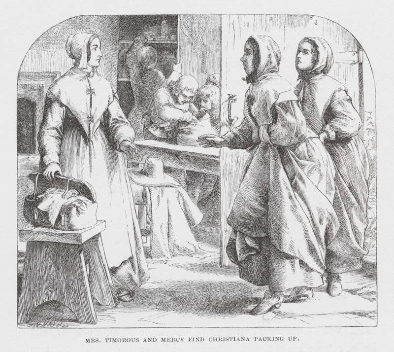 Mrs Timorous and Mercy find Christiana packing up by James Dawson Watson