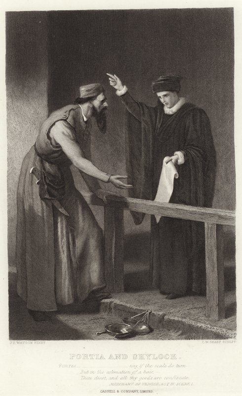 Portia and Shylock, Merchant of Venice, Act IV, Scene I by James Dawson Watson