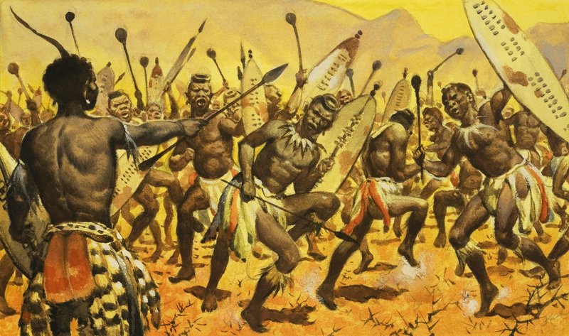 Zulu warriors being forced by Shaka to dance on thorny ground by James Edwin McConnell