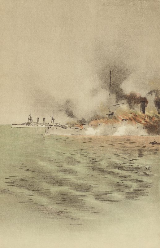 The Varyag Set on Fire by Her Own Crew to Prevent Capture at Chemulpo by Japanese School