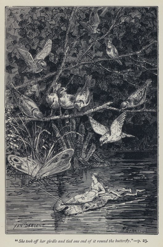 She took off her girdle and tied one end of it round the butterfly (engraving) by Jean Edouard Dargent