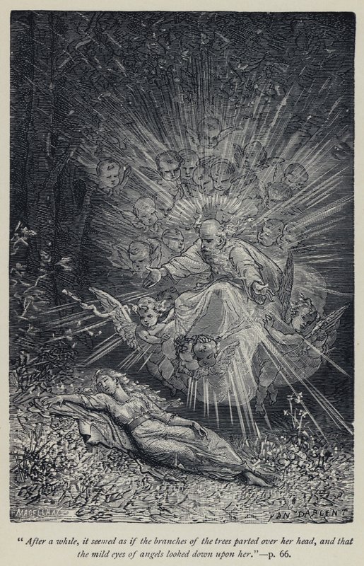 After a while, it seemed as if the branches of the trees parted over her head, and that the mild eyes of angels looked down upon her by Jean Edouard Dargent