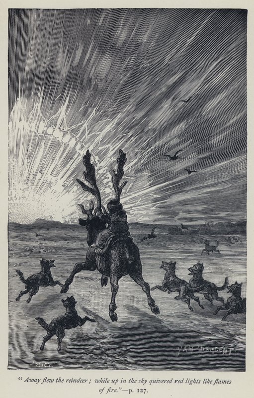 "Away flew the reindeer, while up in the sky quivered red lights like flames of fire" by Jean Edouard Dargent