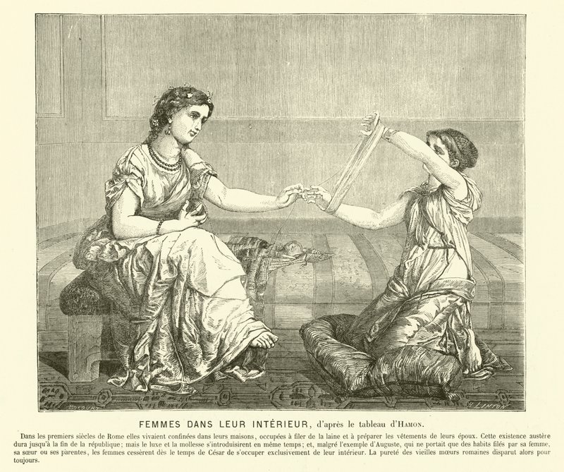 Women spinning wool in a house, ancient Rome by Jean Louis Hamon