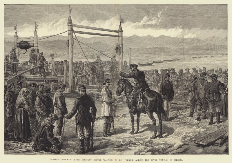Russian Convicts under Military Escort Waiting to be Ferried Across the River Yenisei, in Siberia by Johann Nepomuk Schonberg