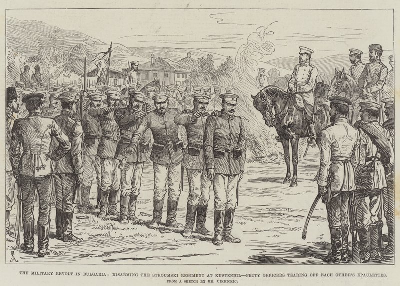 The Military Revolt in Bulgaria, disarming the Stroumski Regiment at Kustendil, Petty Officers tearing off each other